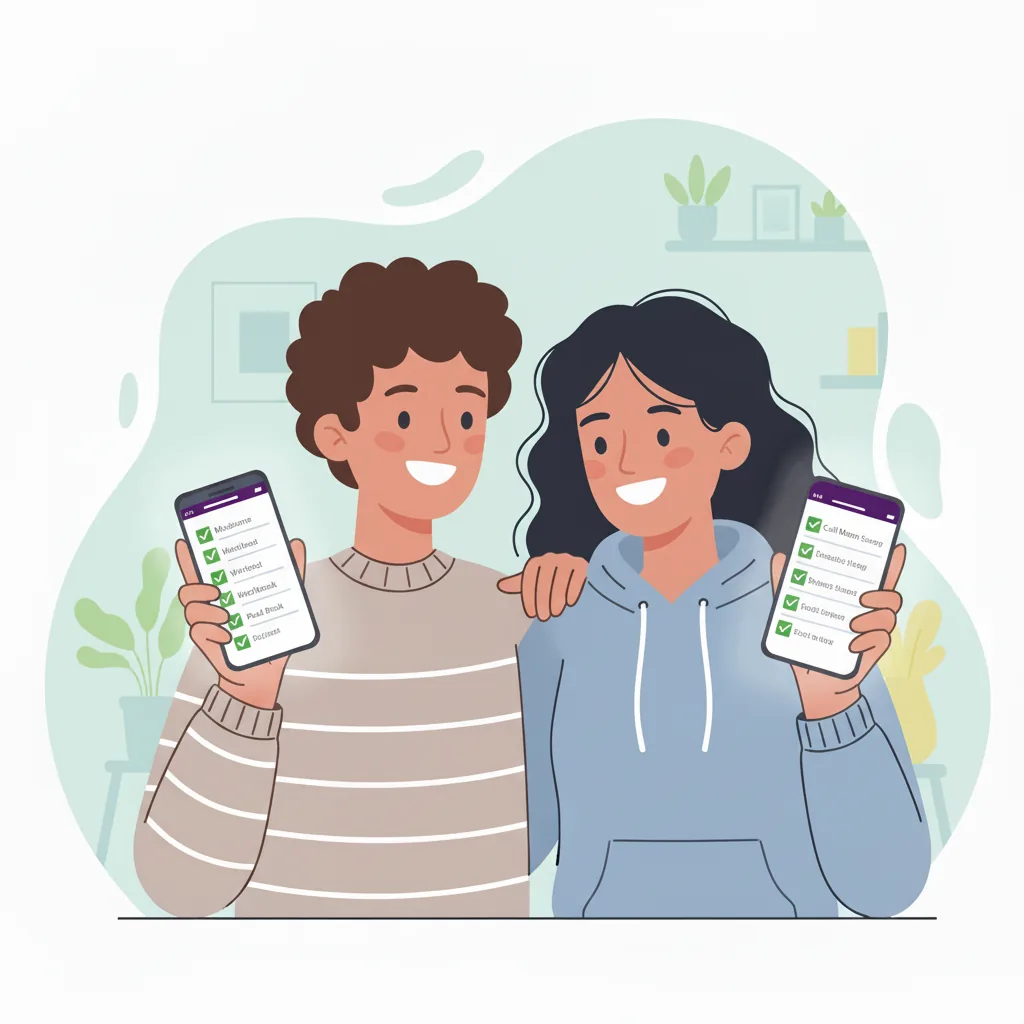 Two friends showing their completed to-do lists on their phones, celebrating productivity together