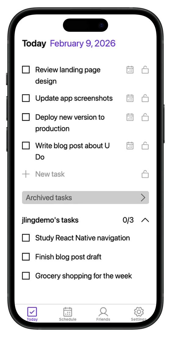 U Do app screenshot showing today's tasks in a portrait layout